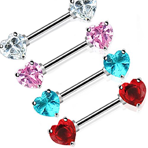 (2pcs) Double Front Facing Heart CZ Prongs Nipple Bar