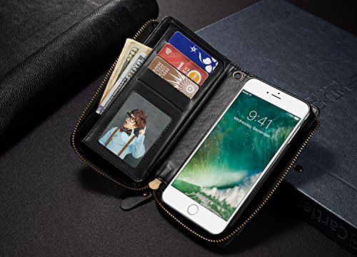 LefRight Romvable Wallet Case for iPhone 7 Plus(5.5 inch), Vintage Leather Magnetic Flip 12 Credit Card Holder Zipper Handbag Wrist Strap