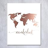 Wanderlust World Map Rose Gold Foil Art Print Travel World Traveler Poster Modern Art Contemporary Metallic Wall Decor 8 inches x 10 inches A4