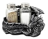 Mythical Sleeping Dragon Glass Salt and Pepper Shaker Set with Decorative Holder Display Stand Figurine for Medieval Kitchen Decor Sculptures & Gothic Dining Room Table Centerpieces As Fantasy Home Accent Gifts