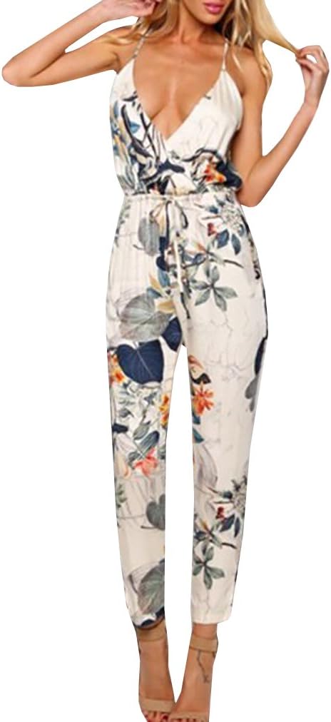 GAMISOTE Striped Bohemian Jumpsuit Sexy V-neck Strap Rompers Jumpsuit (Medium, Grey)