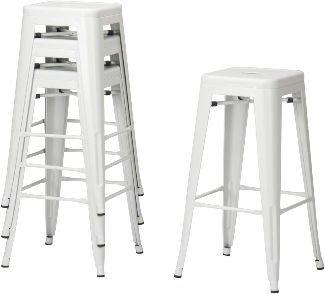 Changjie Furniture Backless Industrial Metal Bar Stool Kitchen Stackable Counter Bar Stools Set of 4 (30 inch, Backless White)