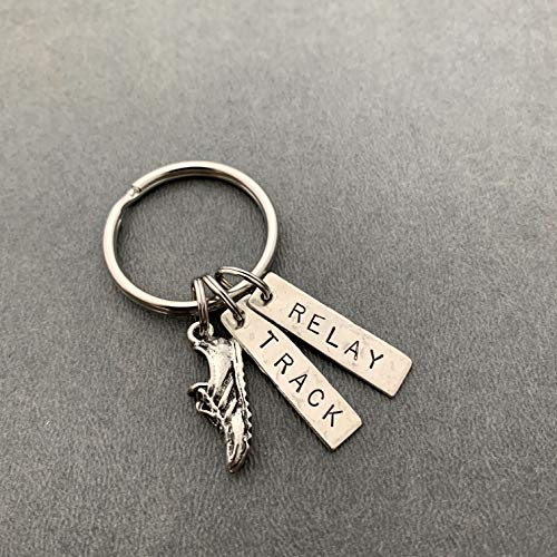 RUN TRACK RELAY Key Chain - Running Shoe Charm and Hand Stamped TRACK and RELAY Pendants on Round Key Ring - Track Relay Race