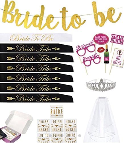 C0MPLETE BACHELORETTE PARTY DECORATIONS SET: Bride to be banner,7 Bride to be sash/Bride tribe Sash,Rhinestone Tiara,Veil,Photo Props,Bride Tribe tattoos for Bridesmaids, Bridal shower favors kits..