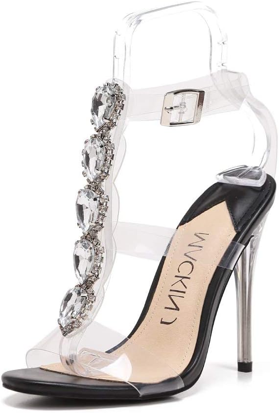 MACKIN J 213-14 Women's Clear Heels Open Toe Stiletto Ankle Strap Rhinestone Sandals