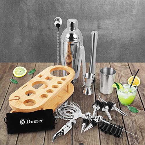 Duerer Barkeeper Kit mit Ständer, 23-teiliges Cocktail Shaker Set mit stilvollem Bambusständer, perfektem Home Bar Tool… – Bild 7