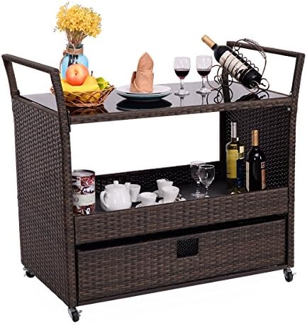 UBRTools Rolling Portable Rattan Wicker Kitchen Trolley Cart Dining Restaurant W/Shelves
