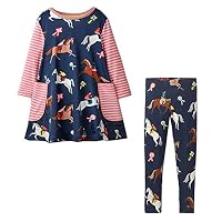 Little Girls Dress Set Long Sleeve Animal Cotton Kids Mermaid Dress with Leggings (4T, Horse)