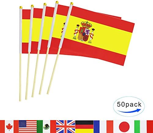 Spain Stick Flag,50 Pack Hand Held Small Spanish National Flag With Wood Pole Mini International Countries World Stick Flags Banner,Party Decorations For World Cup,Olympics,School Events,Sports Clubs