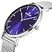 Tonnier Sllver Slim Stainless Steel Mesh Strap Mens Watch Quartz Watch for Men Blue Watch Face