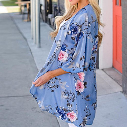 vermers Clearance Sale! Women Kimono Cardigans Summer Floral Chiffon Blouse Cover Ups (L, Blue)