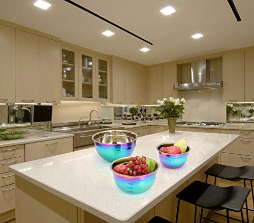 Mixing Bowl Set 18/8 Stainless Steel, Rainbow Salad Bowls 3 Piece Colorful Nesting Bowl Deep for Chef Prep Cooking, Baking, Salad Fruit, Food Preparation, Cake Measure Bowl Includes 1.5 L, 2.5L, 4L