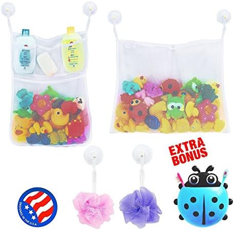 2 x Mesh Bath Toy Organizer + 6 Ultra Strong Hooks + Cute Blue Ladybug Kids Toothbrush Holder – Perfect Toy Storage Net for Baby Bath Toys - This Mesh Bath Toy Organizer Makes Toy Storage Easy