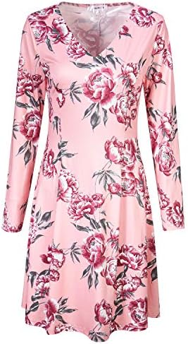 NOBLEMOON Women's V Neck Long Sleeves Flower Print Elegnat Pleated Knee Length A-Line Casual Dress