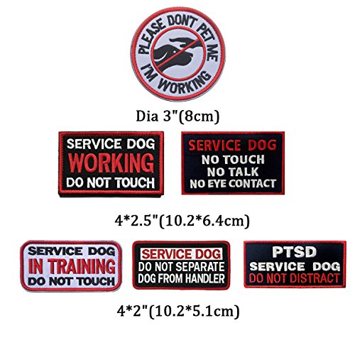 6 Pack Service Dog Patches, Hook and Loop Embroidered Patch, Service Dog in Training, Working, PTSD and Do Not Touch Warning Tags Emblems for Vests, Harnesses, and Collars