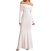 KUTUMAI Elegant Off Shoulder Long Sleeve Maxi Dresses for Women Fall Bodycon Fishtail Formal Wedding Guest Dress