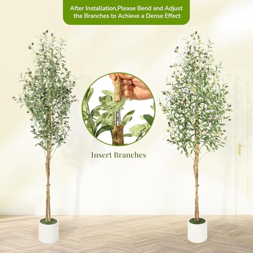 Garvee 180cm Artificial Olive Tree, Faux Plant with Natural Wood Trunks, 1152 UV-Resistant Silk Leaves, White Ceramic Pot with Weighted Base, Farmhouse Floor Decor for Living Room, Entryway, Office