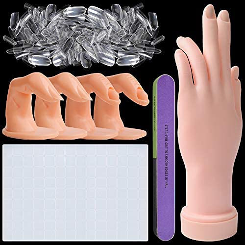 Kalolary Nail Hand Practice for Acrylic Nails, Manicure Practice Hand & Fingers Flexible Bendable Manicure Hand with 500PCS False Nail Tips, Nail Clay & Nail Files for Nail Art Training Tools (Clear)