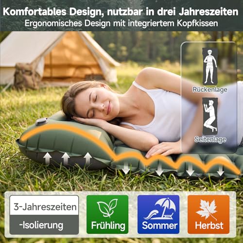 HAUSPROFI Sleeping Mat Camping Air Mattress Extra Wide Ultralight Inflatable - with Integrated Cushion & Foot Pump, 196 x 70 x 9 cm, 40D TPU, Small Pack Size for Outdoor & Travel