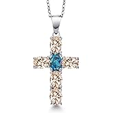 Gem Stone King 925 Sterling Silver Peach Morganite and London Blue Topaz Cross Pendant Necklace for Women | 3.10 Cttw | Gemstone October Birthstone | Oval 6X4MM | With 18 Inch Chain