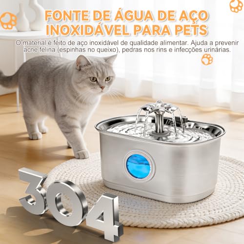 Mstail Fonte de Água pra Gato, Bebedouro para Gatos Silenciosa Inox Carvão Ativado LED Indicador Fonte De Água para Cães e Gatos (3,2L, TY50)