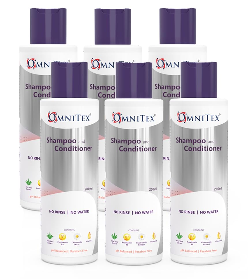 6x 200ml Omnitex Rinse Free Shampoo & Conditioner | With Herbal Extracts & Vitamins | No Water - No Rinse | Clean, Nourish & Protect | No Parabens, Latex, Alcohol Free | Dermatologically Tested