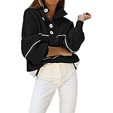 myzgx Women's Oversized Waffle Knitted Button Up Sweater Polo Collared Striped Jumper Sweater Tops