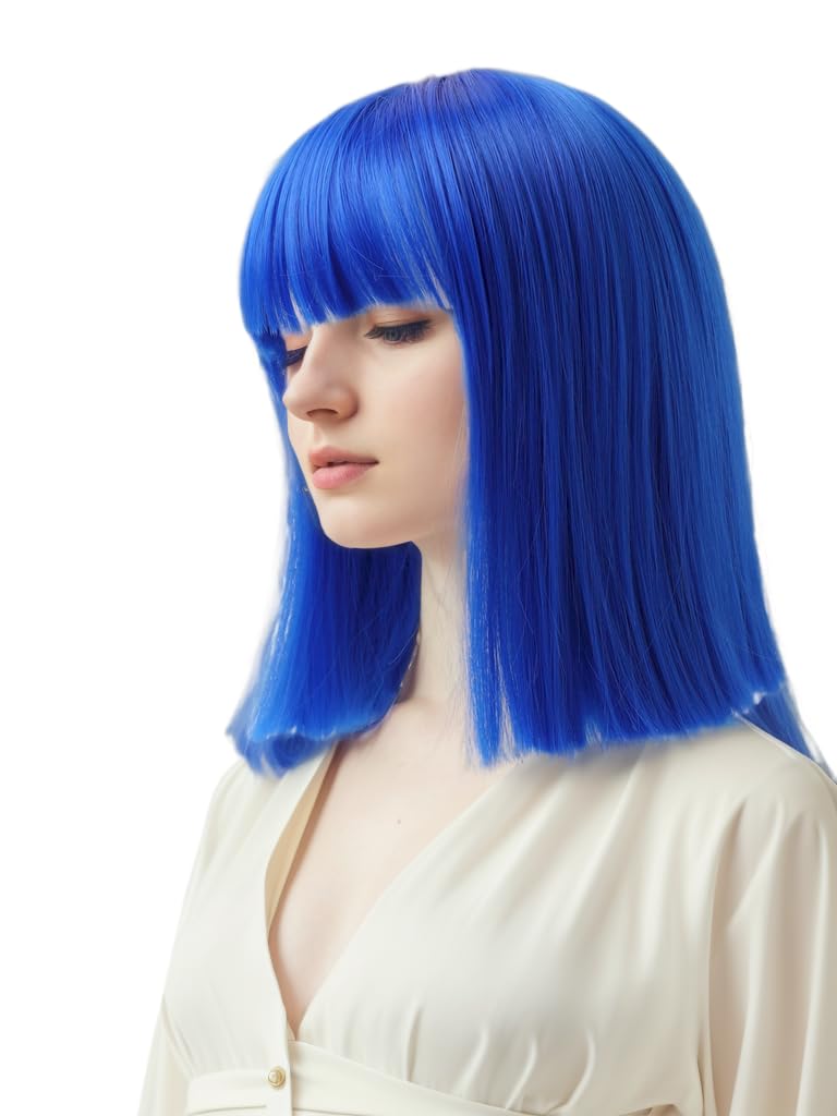 Prettyland Event Ladies Bob Straight Bangs Wig Medium Length Short Straight Heat Resistant Wig for Show Carnival Blue Royal Blue C696