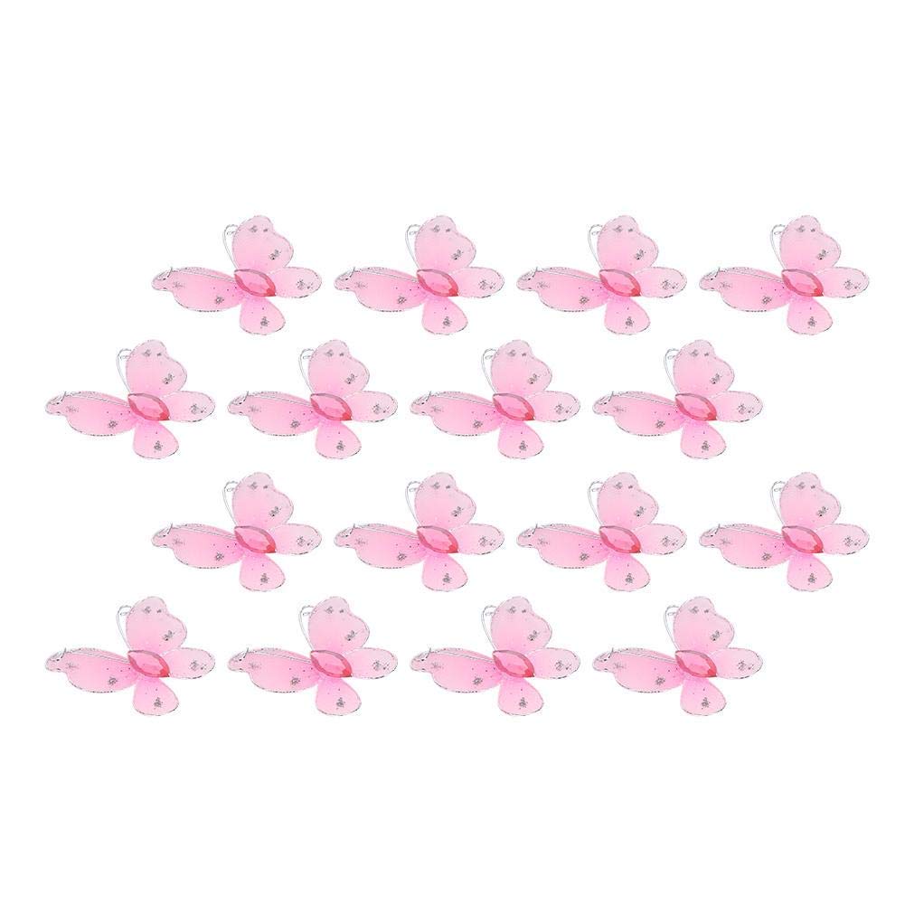 Fydun 30pcs Mesh Glitter Butterfly with Artificial Gem Decor Butterfly For Wedding Party Table Scatter Scrapbook Craft Card Decoration(Pink)