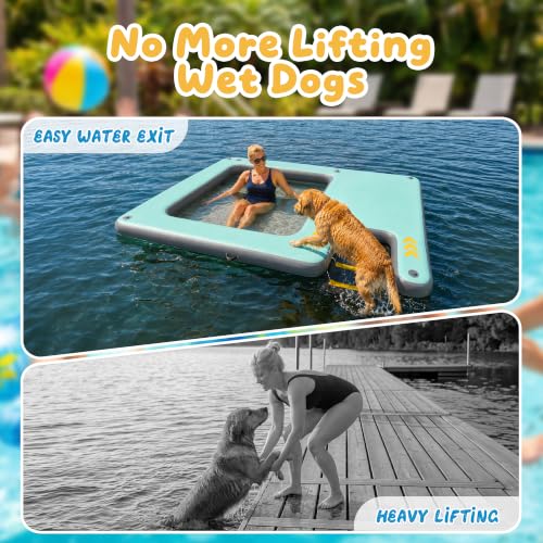 Inflatable Floating Dock with Dog Ramp, Large Floating Island Platform for Adults and Pets, Mesh Water Hammock with Non-Slip Steps, Heavy-Duty Floating Dock for Lake, Pool, River and Ocean