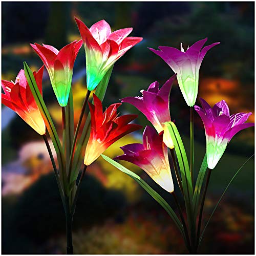 TONULAX Solar Lights Outdoor - New Upgraded Solar Garden Lights, Multi-Color Changing Lily Solar Flower Lights for Patio,Yard Decoration, Bigger Flower and Wider Solar Panel (2 Pack,Purple and Red)