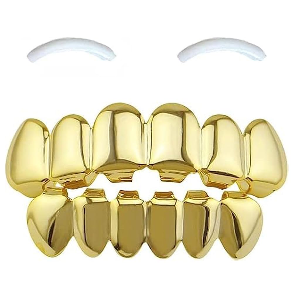 SSyang Hip Hop Teeth Grills for Mouth, Braces Decoration, with 2 Silicone Moulds, Hip Hop Teeth Grills for Mouth Top Bottom, for Music Festival Parties, Hip Hop Rappers, Decorations, Gold193, One Size — image 1