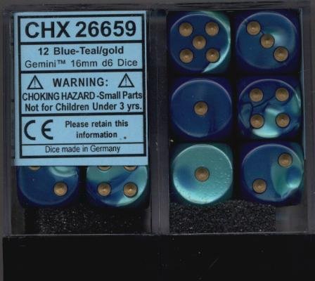 Chessex Dice d6 Sets: Gemini Blue / Teal with Gold - 16mm Six Sided Die (12) Block of Dice