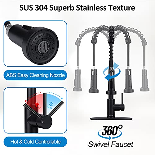 Matte Black Kitchen Faucet with Pull Down Sprayer, Lanhado Commercial Spring Kitchen Sink Faucet with Deck Plate, Single Handle One Hole Kitchen Faucets for RV, Stainless Steel Faucet for Kitchen Sink