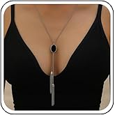 Sttiafay Bohemian Long Tassel Chain Necklace Silver Sweater Drop Y Necklace Statement Sweater Pendant Necklaces Black Oval Onyx Necklaces Jewelry for Women