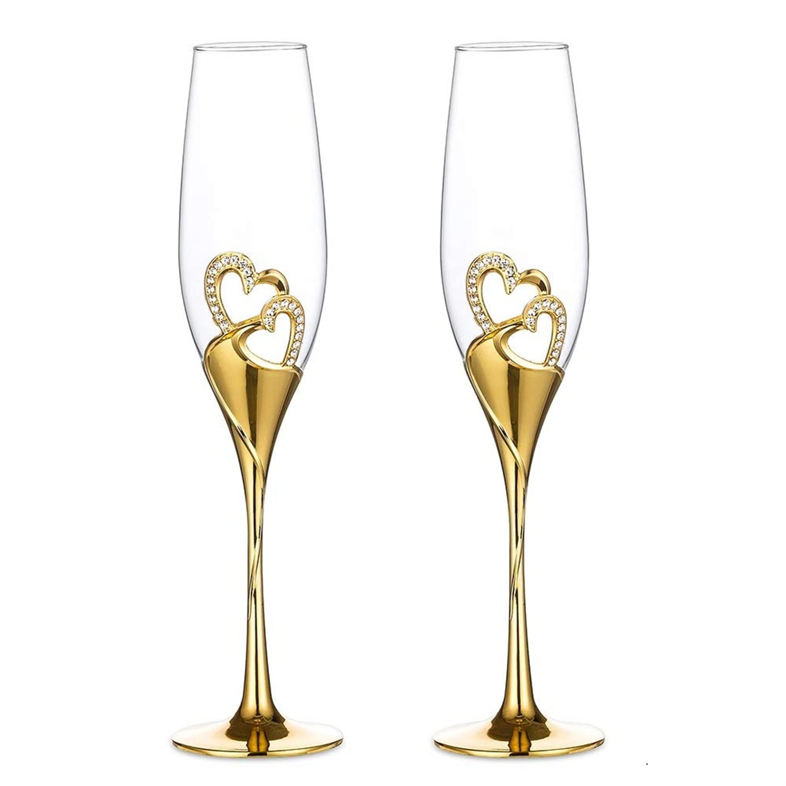 Sziqiqi 2-Piece Creative Champagne Glass Set Wedding Crystal Glasses Heart-Shaped Wedding Champagne Gift Cut Glasses, Gold