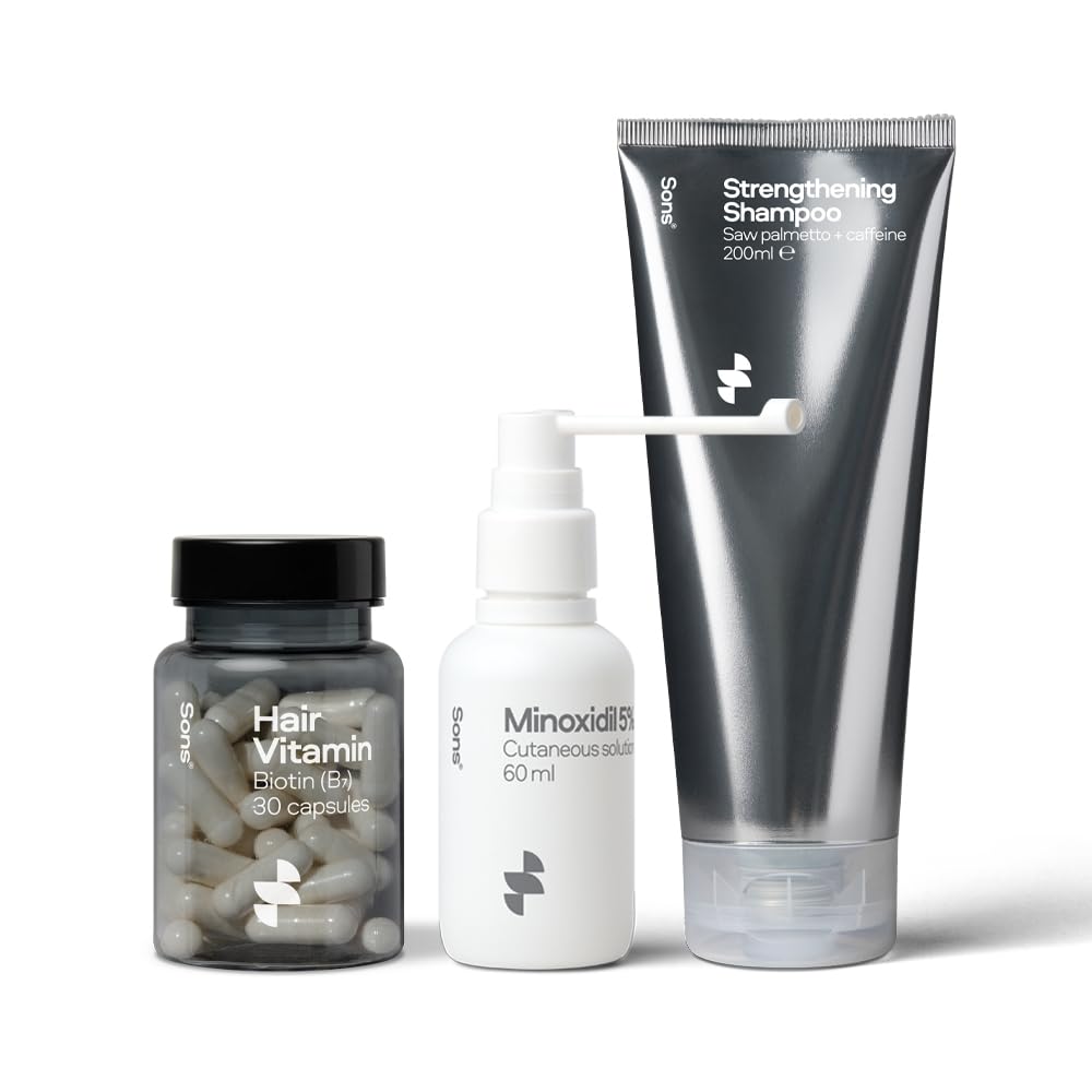 Sons Complete Hair Loss Treatment for Men. Minoxidil 5% for Hair Regrowth, Vegan Biotin for Hair, DHT Blocking & Thickening Shampoo with Citrus Scent. 1 Month Supply. Made in Europe.