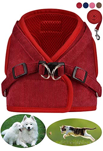 GAUTERF Cat Harness, Cat Escape Harness Proof with Leash - Leather Case Style Adjustable Reflective Soft Mesh Corduroy Cat and Dog Harnesses - Pet Universal Harnesses (X-Large, Bright Red)
