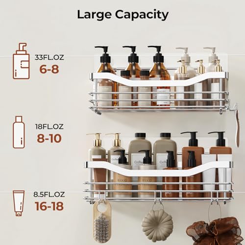 Orimade Shower Shelf No Drilling Stainless Steel Shower Shelf with 5 Hooks Shower Baskets for Bathroom Kitchen Toilet Pack of 2