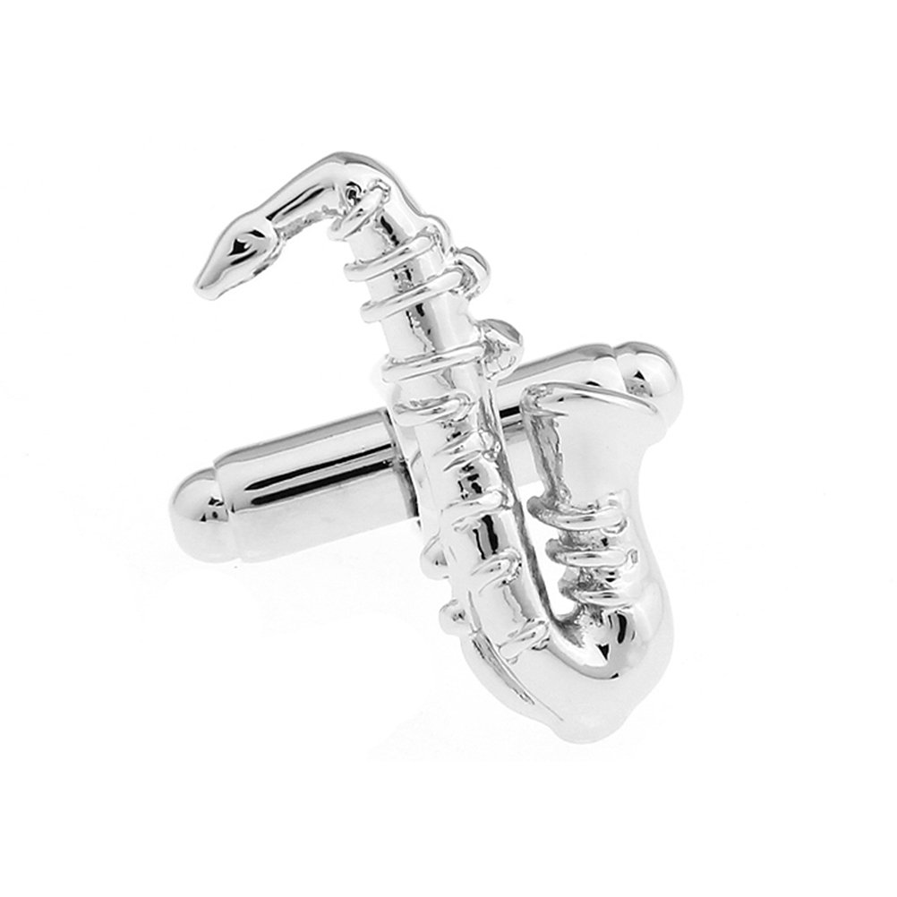 Pop Music Equipment Sax Saxophone Timbre Times In Plain Glossy White Metal Plated Steel Cufflinks
