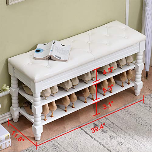 XKZG Shoe Bench Wood Storage Bench Entryway Bench Shoe Rack with Soft Leather Cushion (White, 39