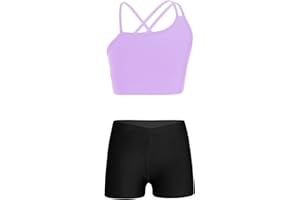 Hansber Kids Girls 2 Piece Dance Outfits Crop Top with Booty Shorts Active Set Gymnastics Leotard Dancewear Swimwear
