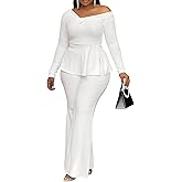 Aro Lora Womens Sexy 2 Piece Outfits One Off Shoulder Long Sleeve Slit Peplum Top and Flare Pant Suit Set