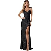 EBCoin Sparkly Sequin V Neck Prom Dresses 2026 Pleated Spaghetti Bow Straps Mermaid Evening Party Dress with Slit