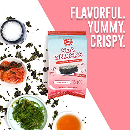 Kimchi Sea Snacks by KPOP Foods - Premium Seaweed Sheets - Kimchi Flavor (Pack of 20) Delicious and Crispy Seaweed Snacks - Vegan Low Calorie Superfood