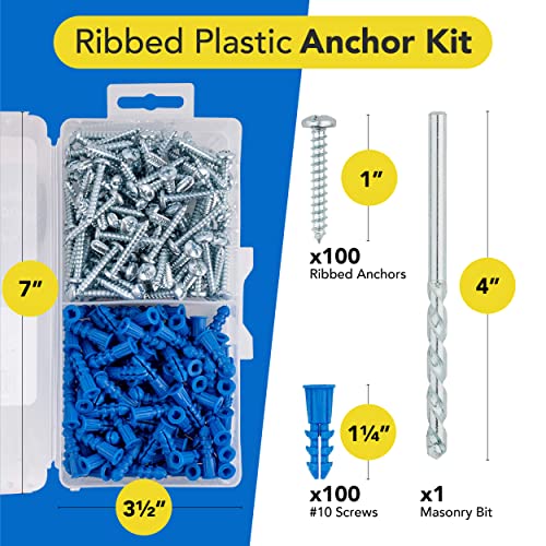 Ribbed Plastic Drywall Anchor Kit with Screws and Masonry Drill Bit, 10