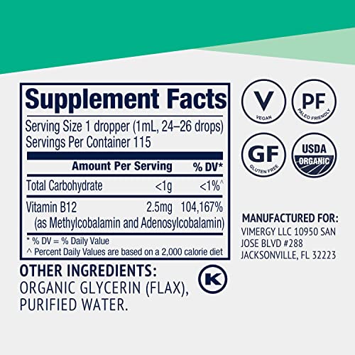 Vimergy USDA Organic Liquid Vitamin B12 Supplement 2500 mcg, Methylcobalamin & Adenosylcobalamin – Energy Support, Vegan, Non-GMO B12 Vitamins for Women & Men 115 Serving (115 mL)