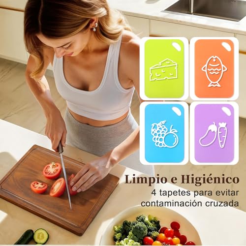 Muja Juego de 3 Tablas para Picar, Juego de Tablas para Picar Cocina con Soporte, con 4 Piezas Alfombrillas para Cortar de Plástico Flexible Perfectas Como Herramientas (43 * 33Madera)