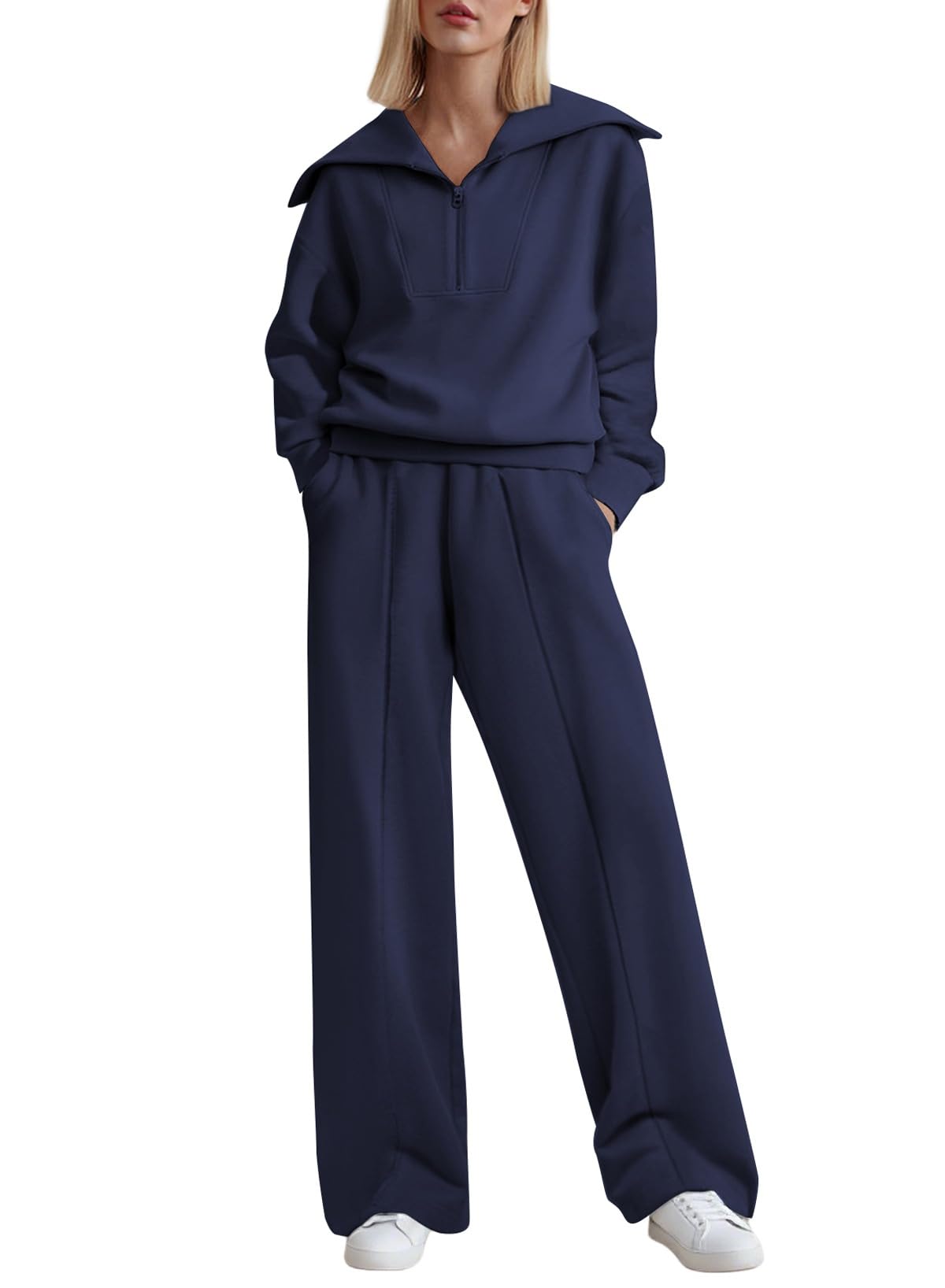 Photo 1 of Aleumdr Womens 2 Piece Outfits Sweatsuits Wide Leg Sweatpants Lounge Matching Sets Womens Lounge Set Half Zip Sweatshirt Oversized Pullover Tracksuit 2025 Fall Travel Clothing Set Blue 2XL