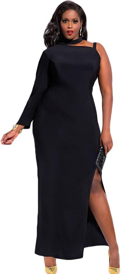 Mxtoppy Plus Size Women Sexy Casual Dress Night Clubwear Party Cocktail Midi Dress Slit One Sleeve Black (XXL)